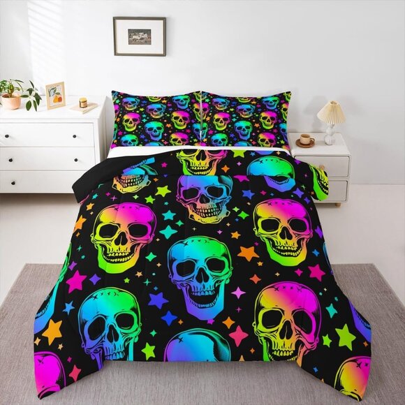 Halloween Comforter Skull Set Queen Sz - Picture 1 of 4